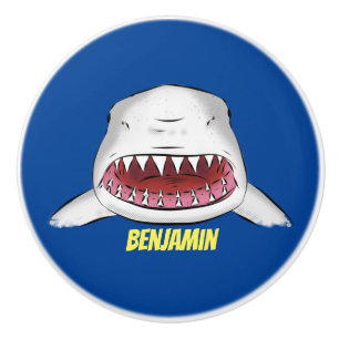 Great white shark mean cartoon illustration ceramic knob