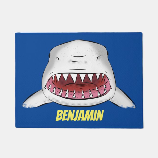 Great white shark mean cartoon illustration doormat (Front)