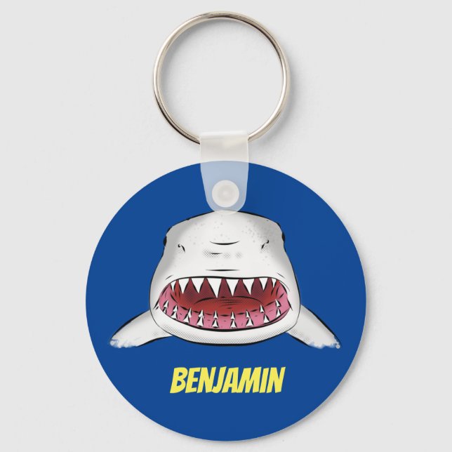 Great white shark mean cartoon illustration key ring (Front)