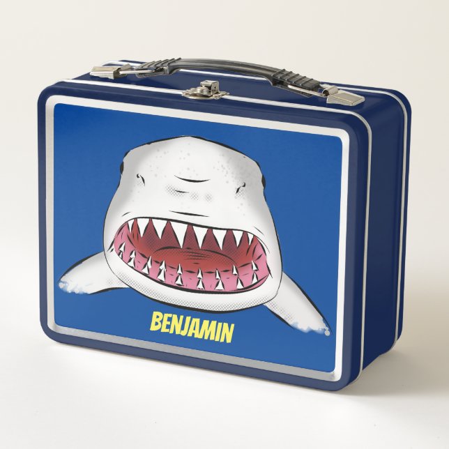 Great white shark mean cartoon illustration metal lunch box (Front)