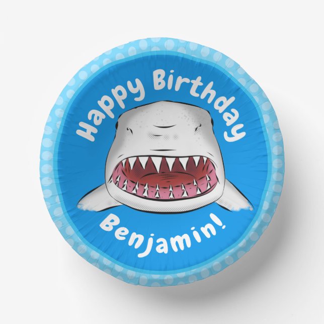 Great white shark mean cartoon illustration paper plate (Front)