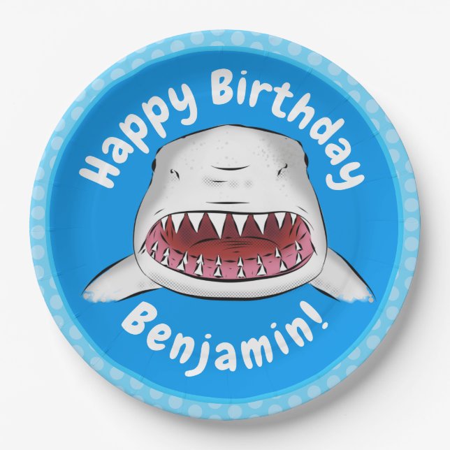 Great white shark mean cartoon illustration paper plate (Front)