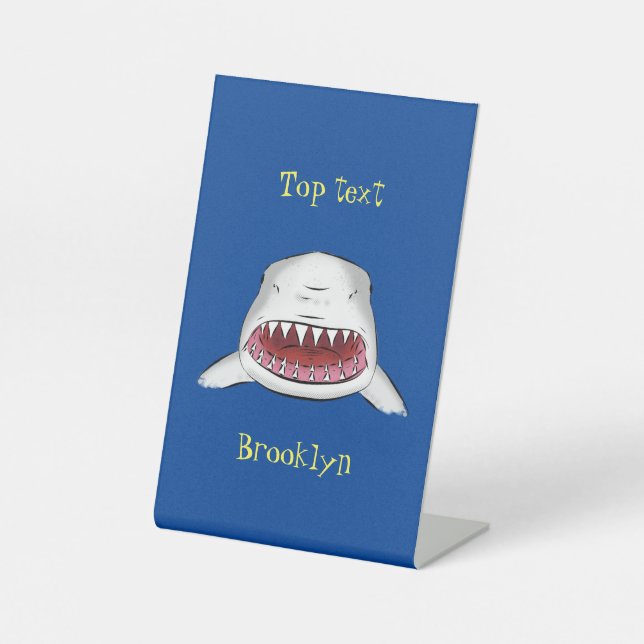 Great white shark mean cartoon illustration pedestal sign (Front)