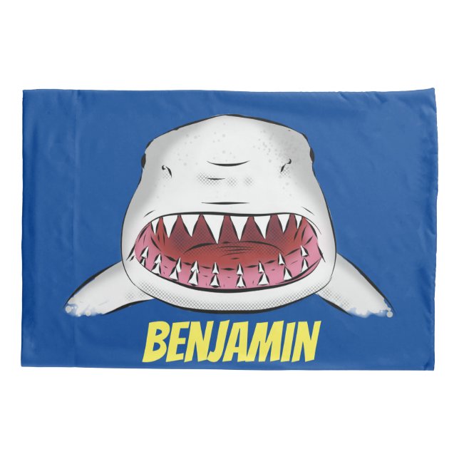 Great white shark mean cartoon illustration pillowcase (Back)