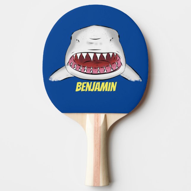 Great white shark mean cartoon illustration ping pong paddle (Front)
