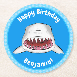 Great white shark mean cartoon illustration round paper coaster