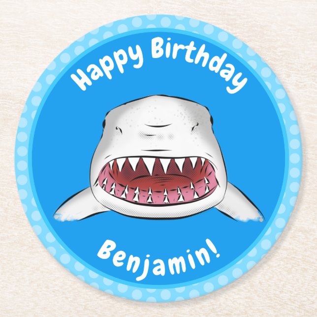 Great white shark mean cartoon illustration round paper coaster (Front)