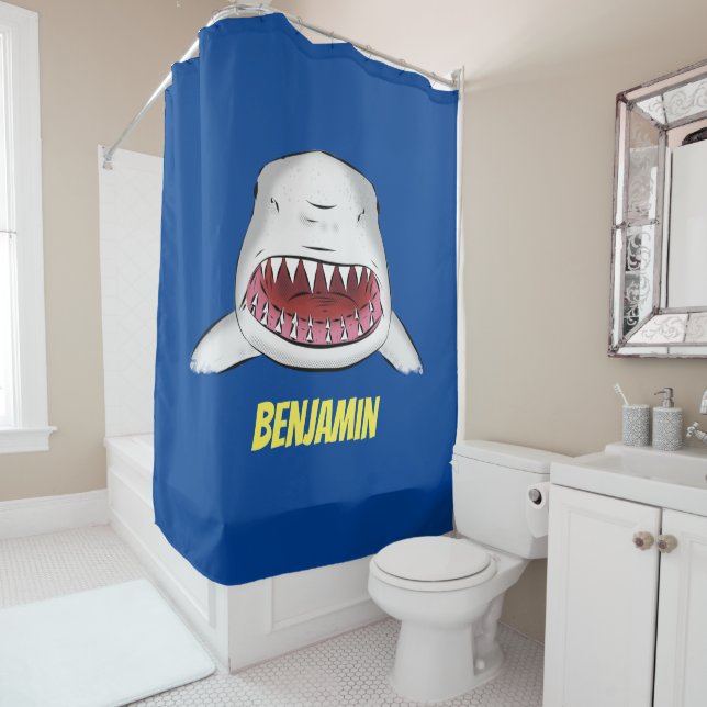 Great white shark mean cartoon illustration shower curtain (In Situ)