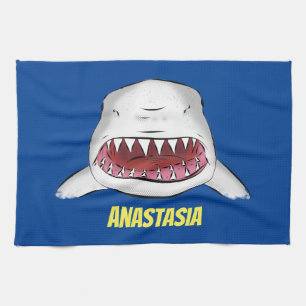 Great white shark mean cartoon illustration tea towel