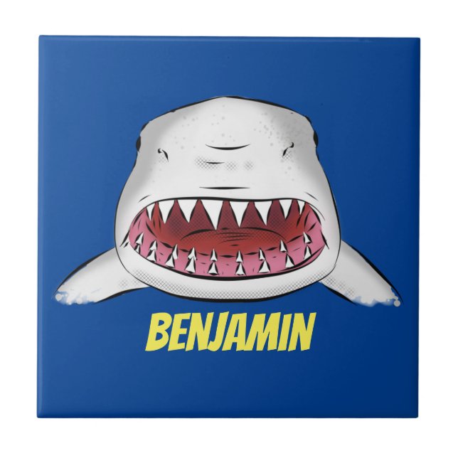 Great white shark mean cartoon illustration tile (Front)