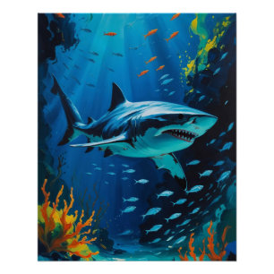 Great White Shark Ocean Painting Vibrant  Photo Pr Poster