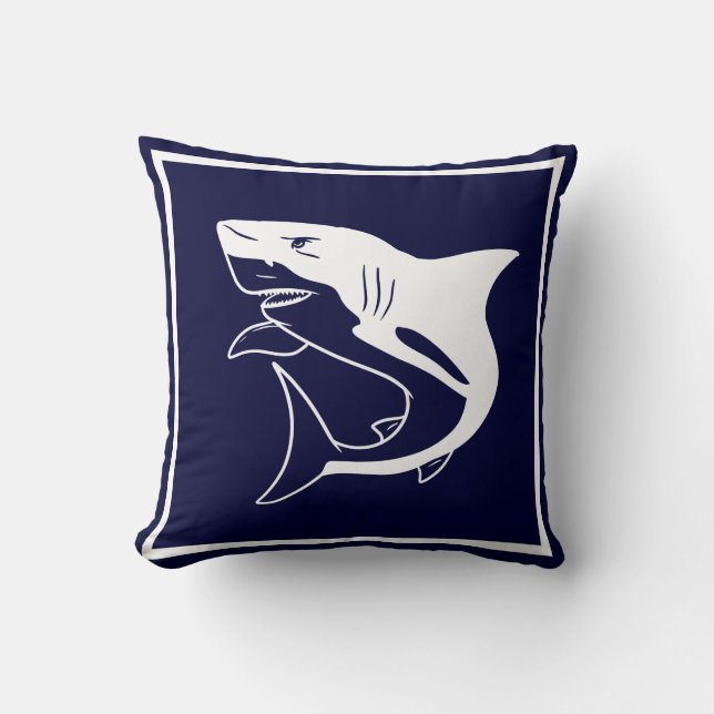 Great white shark on navy ocean blue nautical cushion (Front)