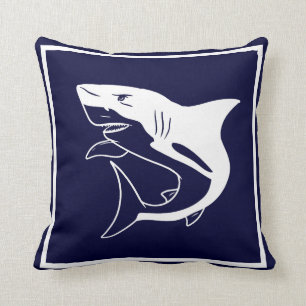 Great white shark on navy ocean blue nautical cushion