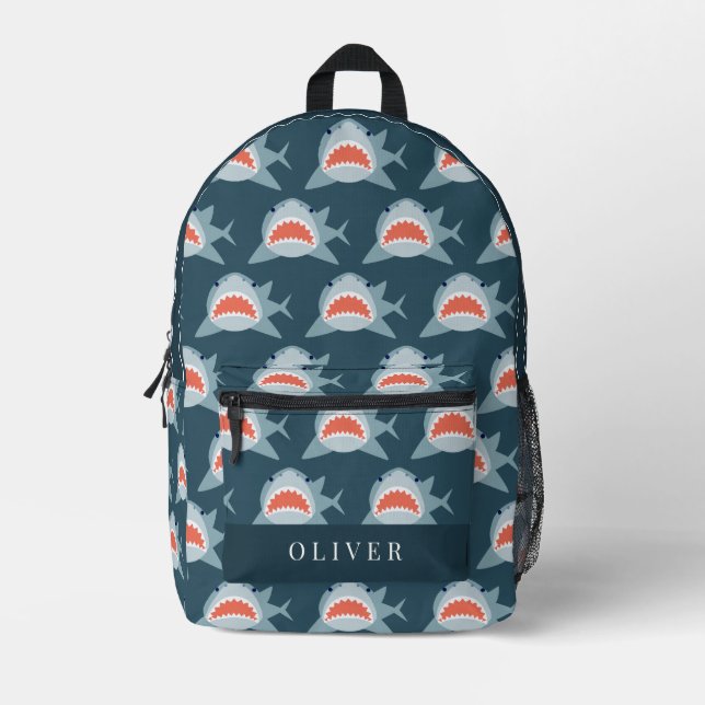 Great White Shark Pattern Navy Blue Boy Printed Backpack (Front)