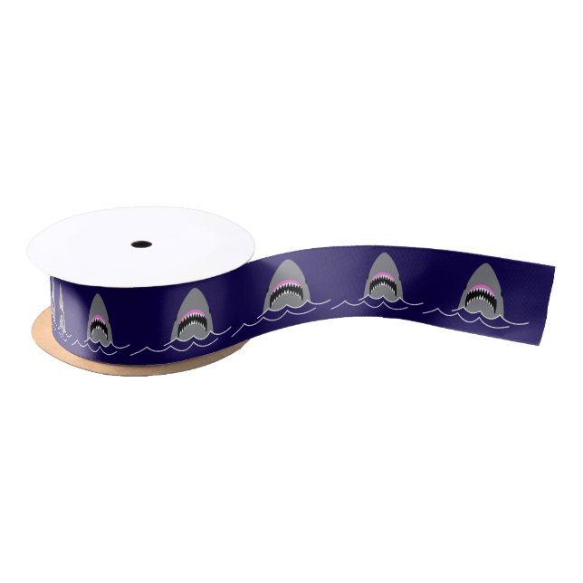 Great White Shark Patterned Navy Blue Cake Satin Ribbon (Spool)