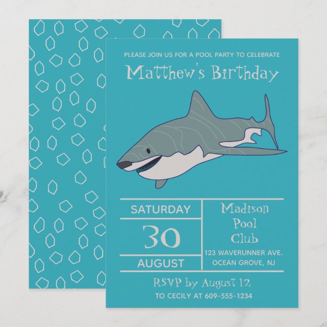 Great White Shark Personalised Birthday Party Invitation (Front/Back)