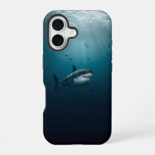 Great white shark swimming in the deep sea iPhone 16 case