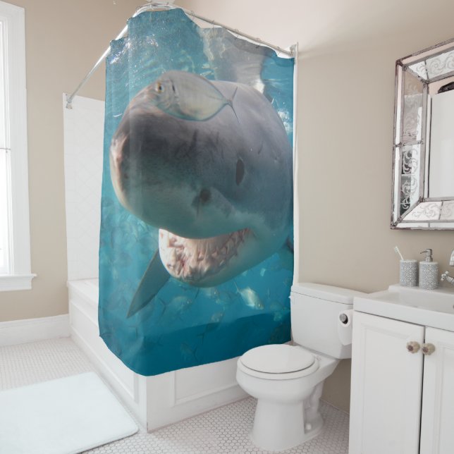 Great White Shark Underwater Close Up Portrait Shower Curtain (In Situ)
