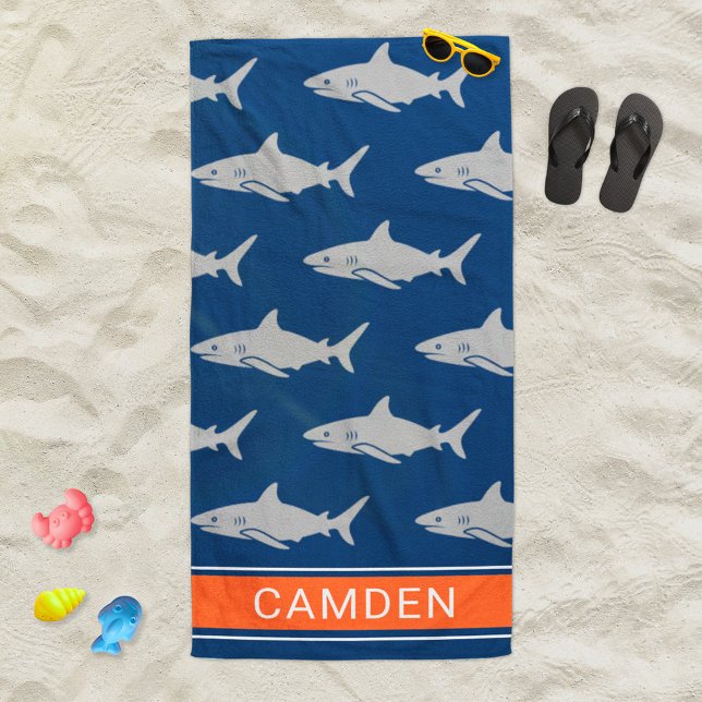 Great White Sharks Navy Orange Custom Name Beach Towel (Creator Uploaded)