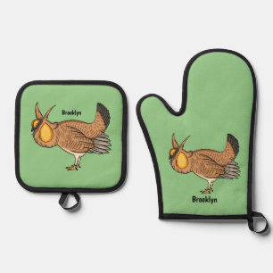 Greater prairie chicken cartoon illustration oven mitt & pot holder set