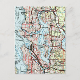 Greater Seattle Area Vintage Map Travel Postcard