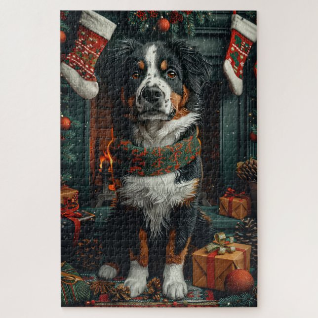 Greater Swiss Dog With Christmas Gifts Fireplace Jigsaw Puzzle (Vertical)