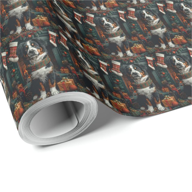 Greater Swiss Dog With Christmas Gifts Fireplace Wrapping Paper (Roll Corner)