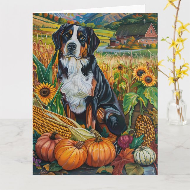 Greater Swiss Mountain Autumn Harvest Thanksgiving Card (Yellow Flower)