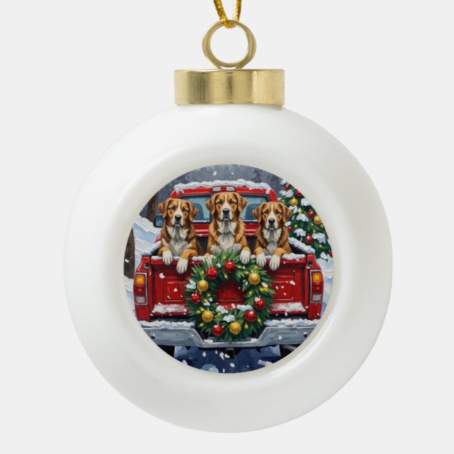 Greater Swiss Mountain Dog Christmas Red Truck Ceramic Ball Christmas Ornament (Front)