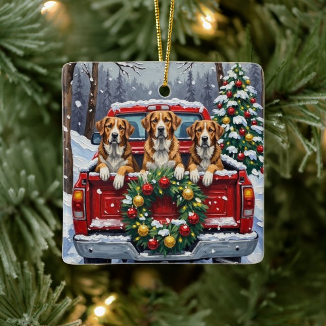 Greater Swiss Mountain Dog Christmas Red Truck Ceramic Ornament (Tree)