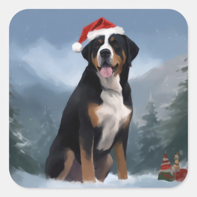 Greater Swiss Mountain Dog in Snow Christmas  Square Sticker (Front)