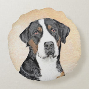 Greater Swiss Mountain Dog Painting - Original Art Round Cushion