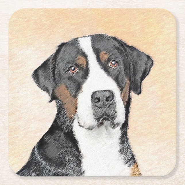 Greater Swiss Mountain Dog Painting - Original Art Square Paper Coaster (Front)