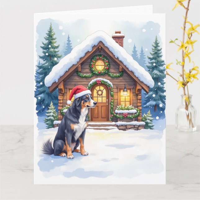 Greater Swiss Mountain Dog Snowy Cabin Santa Hat Card (Yellow Flower)