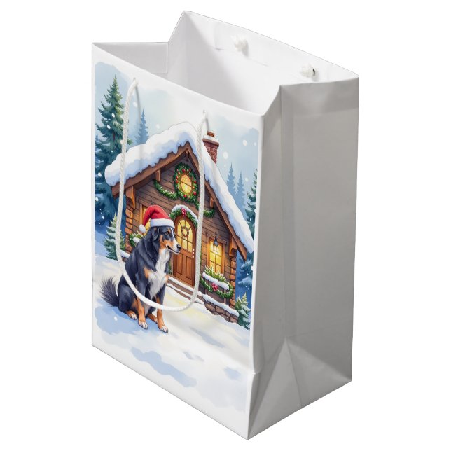 Greater Swiss Mountain Dog Snowy Cabin Santa Hat Medium Gift Bag (Front Angled)