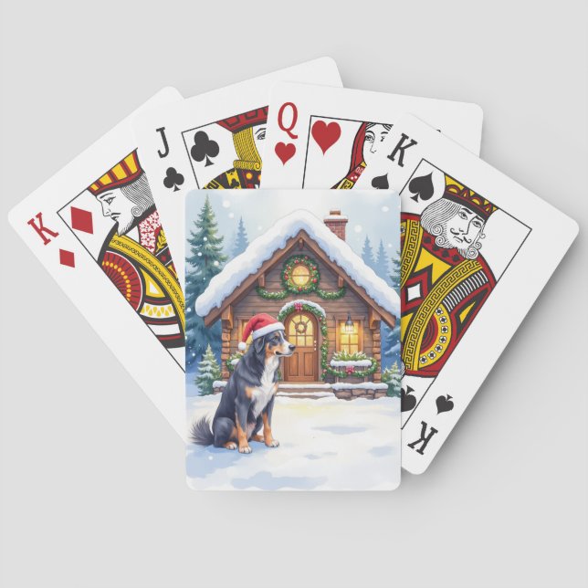 Greater Swiss Mountain Dog Snowy Cabin Santa Hat Playing Cards (Back)