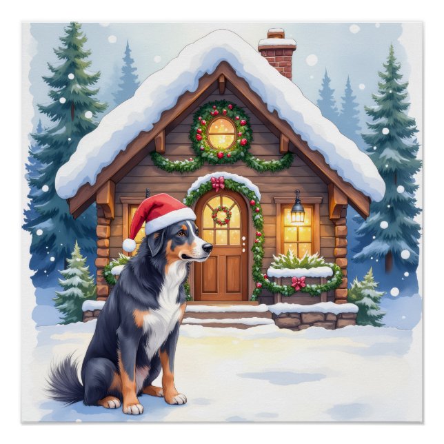 Greater Swiss Mountain Dog Snowy Cabin Santa Hat Poster (Front)