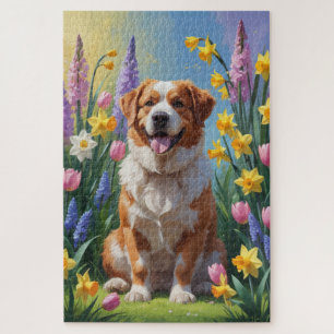 Greater Swiss Mountain Dog Spring Flowers Painting Jigsaw Puzzle