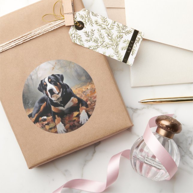 Greater Swiss Mountain  in Autumn Leaves Fall Classic Round Sticker (Gifting)