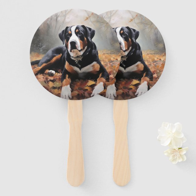 Greater Swiss Mountain  in Autumn Leaves Fall Hand Fan (Front and Back)