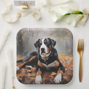 Greater Swiss Mountain  in Autumn Leaves Fall Paper Plate