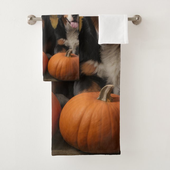 Greater Swiss Mountain Pup Autumn Delight Pumpkin Bath Towel Set (Insitu)