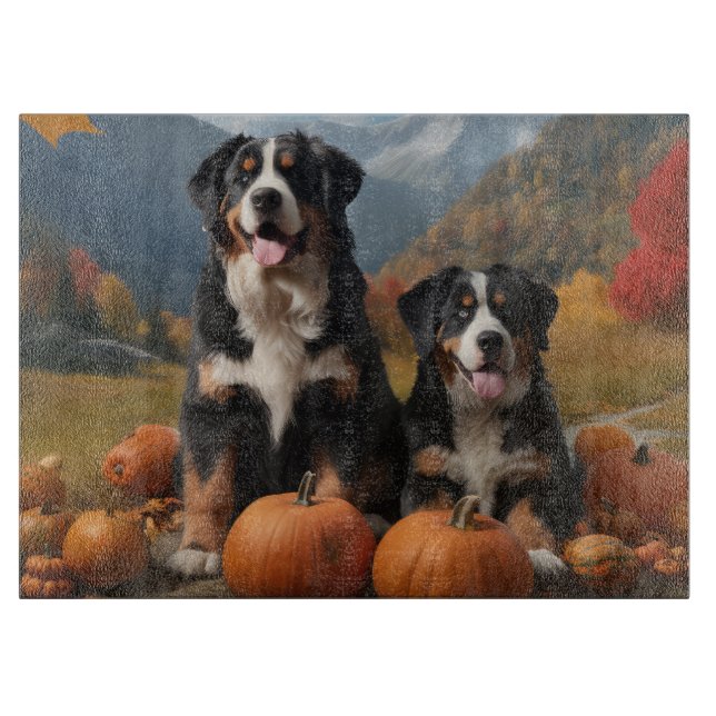 Greater Swiss Mountain Pup Autumn Delight Pumpkin Cutting Board (Front)