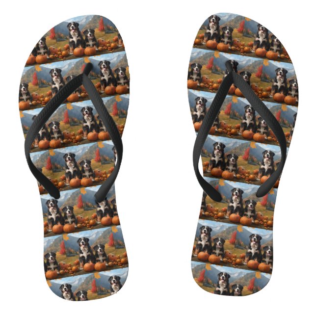Greater Swiss Mountain Pup Autumn Delight Pumpkin Flip Flops (Footbed)