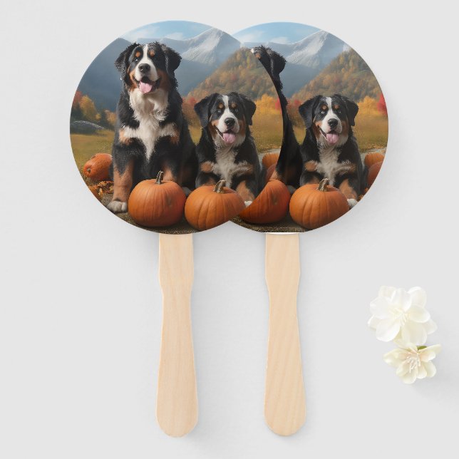 Greater Swiss Mountain Pup Autumn Delight Pumpkin Hand Fan (Front and Back)