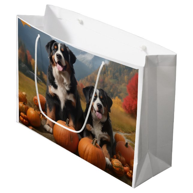 Greater Swiss Mountain Pup Autumn Delight Pumpkin Large Gift Bag (Front Angled)