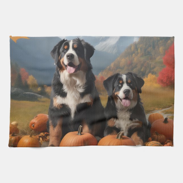 Greater Swiss Mountain Pup Autumn Delight Pumpkin Tea Towel (Horizontal)