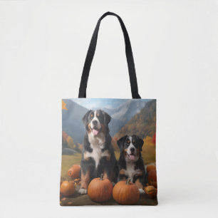 Greater Swiss Mountain Pup Autumn Delight Pumpkin Tote Bag