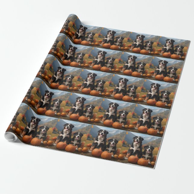 Greater Swiss Mountain Pup Autumn Delight Pumpkin Wrapping Paper (Unrolled)