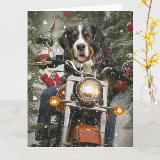 Greater Swiss Mountain Riding Motorcycle Christmas Card (Yellow Flower)